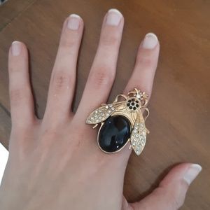 Black stone bug ring diamond wings gold bug ring